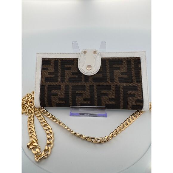 Fendi Zucca Canvas and White Leather Wallet Crossbody with Gold Chain - Picture 1 of 5